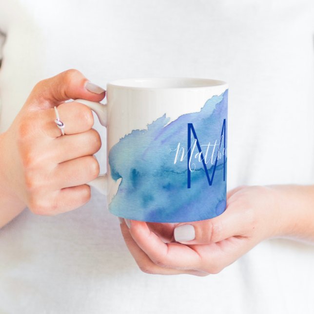 Personalised Watercolor Blue Turquoise Monogram Coffee Mug (Creator Uploaded)