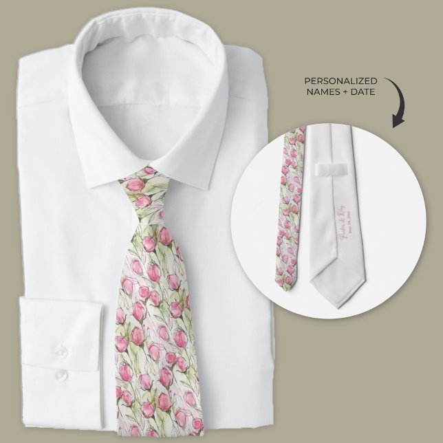 Personalised Watercolor Blush Pink Rosebuds Tie (blush pink rosebud groomsmen wedding neckties)