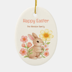 Personalised Watercolor Bunny Happy Easter Ceramic Tree Decoration