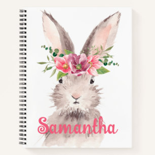 Personalised Watercolor Bunny pink flowers name Notebook