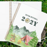 Personalised Watercolor Camping Planner<br><div class="desc">Personalised camping planner - perfect for a camper or hiker to plan trips or to use for home business school university etc. Watercolor design with mountain forest camping scene including tent, campfire and camping accessories. The template is set up for you to add your name and the year, which includes...</div>