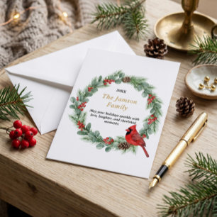 Personalised Watercolor Cardinal Christmas Wreath RSVP Card