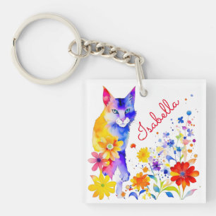 Personalised Watercolor Cat and Flowers  Key Ring