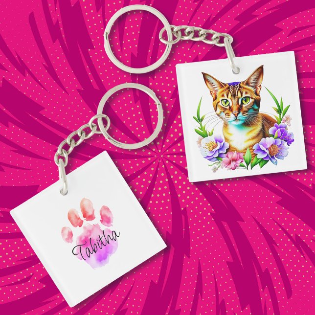 Personalised Watercolor Cat and Flowers  Key Ring (Creator Uploaded)