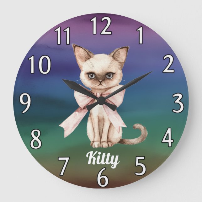 Personalised Watercolor Cat Photo & Name Wall  Large Clock (Front)