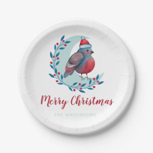 Personalised Watercolor Christmas Bird On Moon Nap Paper Plate