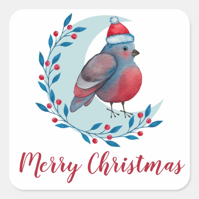 Personalised Watercolor Christmas Bird On Moon Square Sticker (Front)