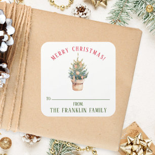 Personalised Watercolor Christmas Tree Gift Square Sticker