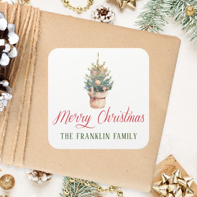 Personalised Watercolor Christmas Tree Gift Square Sticker (Creator Uploaded)