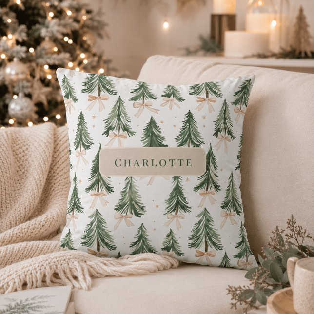 Personalised Watercolor Christmas Tree Name  Cushion (Creator Uploaded)