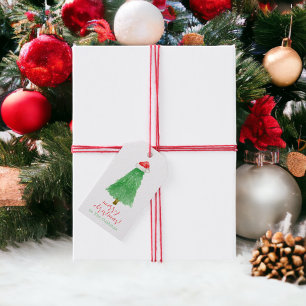 Personalised Watercolor Christmas Tree Santa Hat Gift Tags