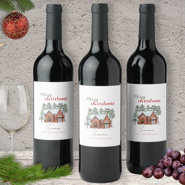 Personalised Watercolor Christmas Winter Scene Wine Label (Creator Uploaded)