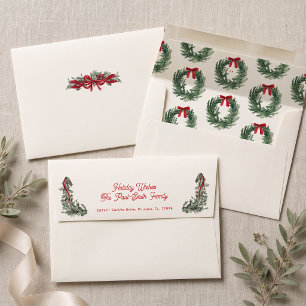 Personalised Watercolor Christmas Wreath Red Bow Envelope