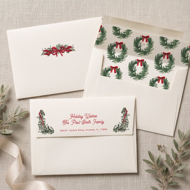 Personalised Watercolor Christmas Wreath Red Bow Envelope (Creator Uploaded)