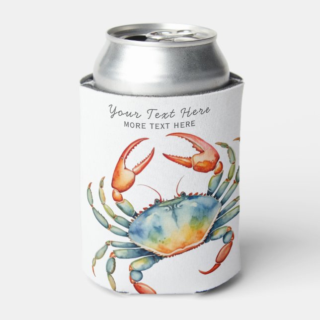 Personalised Watercolor Crab Summer Beach Nautical Can Cooler (Can Front)
