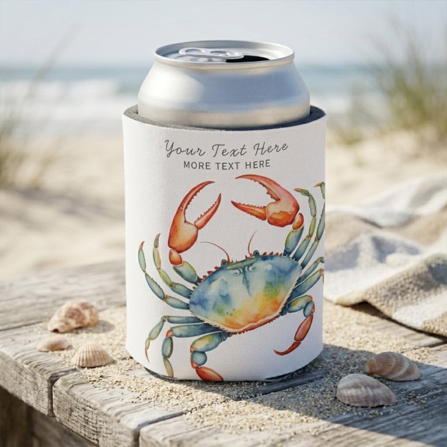 Personalised Watercolor Crab Summer Beach Nautical Can Cooler (Creator Uploaded)