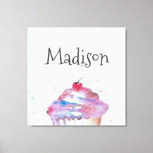 Personalised Watercolor Cupcake Splatter Nursery Canvas Print