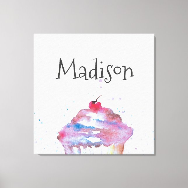 Personalised Watercolor Cupcake Splatter Nursery Canvas Print (Front)