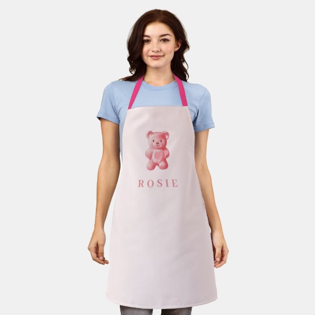 Personalised Watercolor Cute Pink Gummy Bear Apron (Worn)