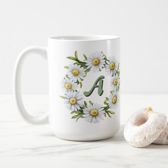 Personalised Watercolor Daisy Wreath with Custom N Coffee Mug (With Donut)