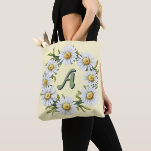 Personalised Watercolor Daisy Wreath with Custom N Tote Bag