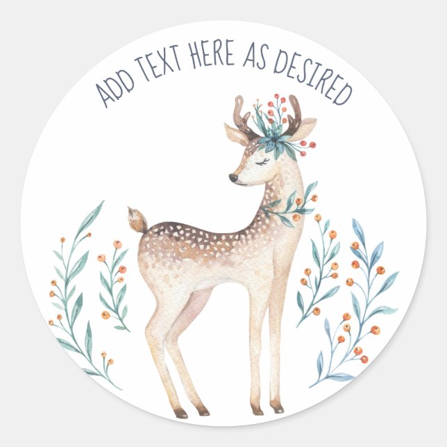 Personalised Watercolor Deer and Flowers Winter Classic Round Sticker (Front)