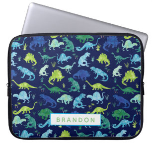 Personalised Watercolor Dinosaur Pattern Blue Kids Laptop Sleeve