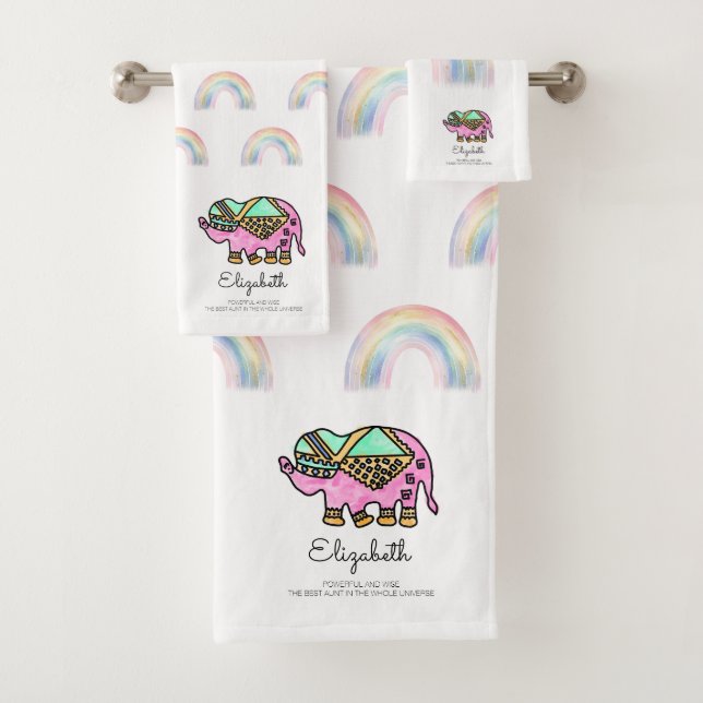Personalised Watercolor Elephant Rainbow Bath Towel Set (Insitu)