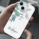 Personalised Watercolor Eucalyptus  iPhone 15 Case<br><div class="desc">Protect and decorate your iPhone with this elegant case.
It is decorated with watercolor eucalyptus leaves in soft shades of green on a white background.
Customise it with your name and monogram.
Original Watercolor © Michele Davies.</div>