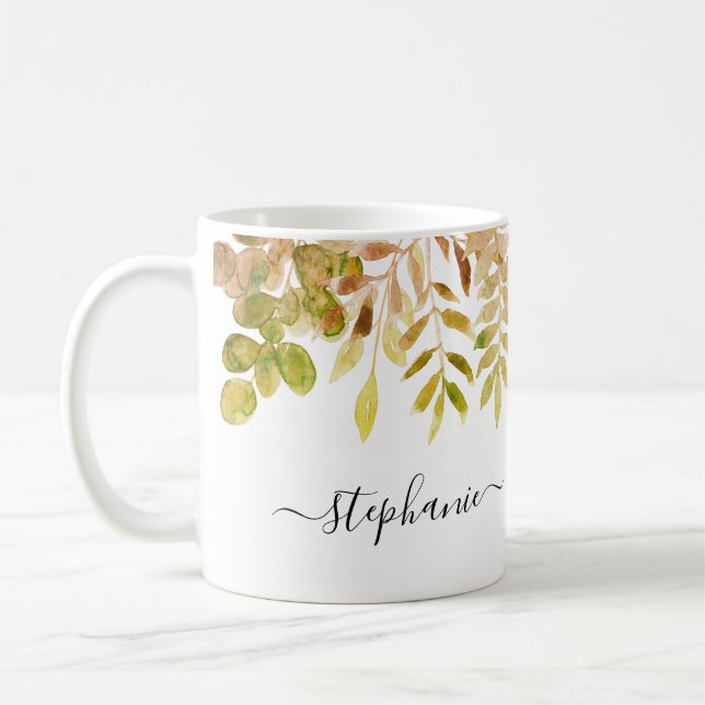 Personalised Watercolor Fall Autumn Foliage Coffee Mug (Left)