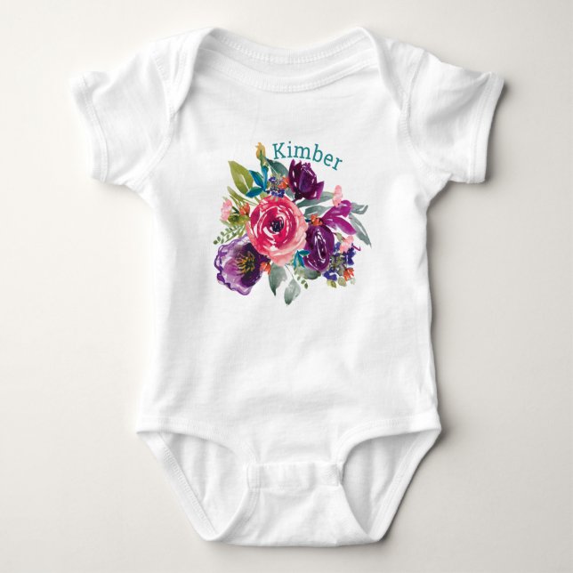 Personalised Watercolor Floral Baby Bodysuit (Front)