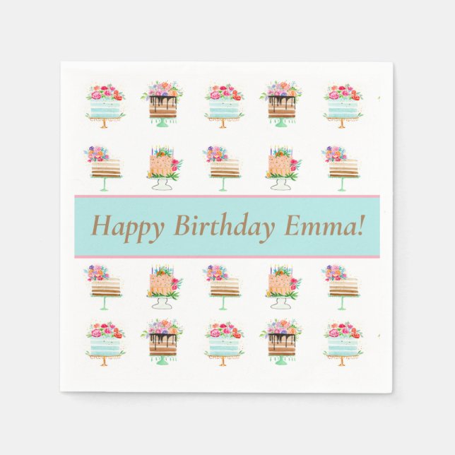 Personalised Watercolor Floral Birthday Cake Napkin (Front)