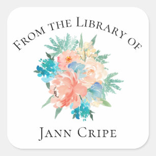 Personalised Watercolor Floral Book Plate Square Sticker