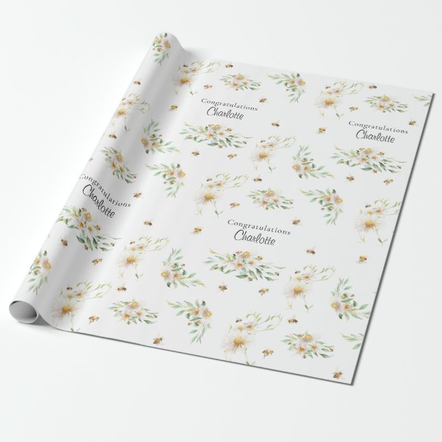 Personalised Watercolor Floral Honeybee Wrapping Paper (Unrolled)