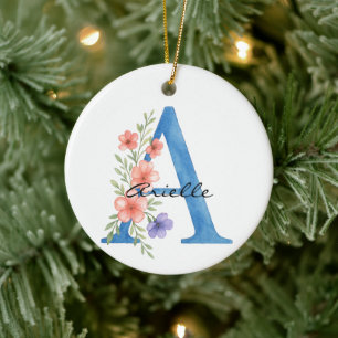 Personalised Watercolor Floral Letter A monogram Ceramic Tree Decoration