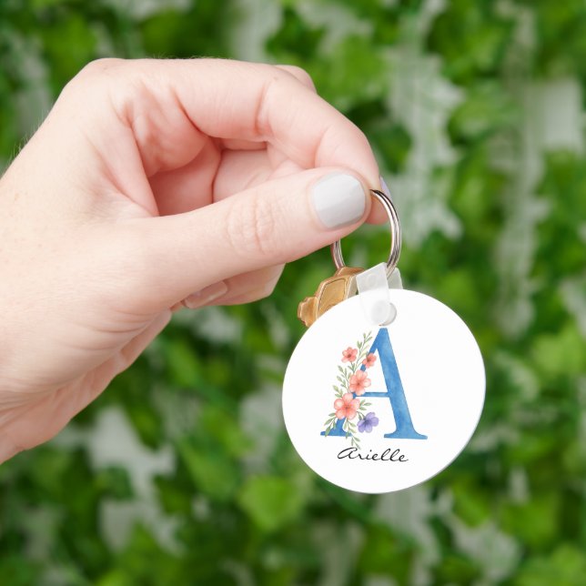 Personalised Watercolor Floral Letter A monogram Key Ring (Hand)