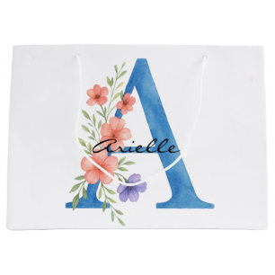 Personalised Watercolor Floral Letter A monogram Large Gift Bag