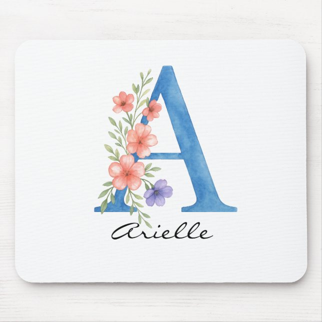 Personalised Watercolor Floral Letter A monogram Mouse Pad (Front)