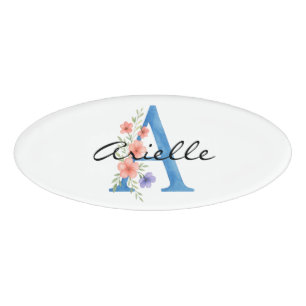 Personalised Watercolor Floral Letter A monogram Name Tag