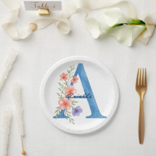 Personalised Watercolor Floral Letter A monogram Paper Plate