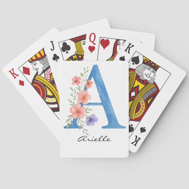 Personalised Watercolor Floral Letter A monogram Playing Cards (Back)