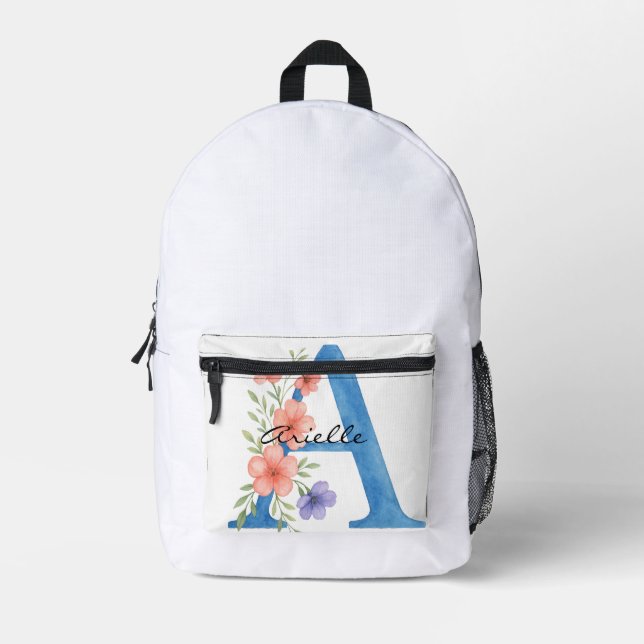 Personalised Watercolor Floral Letter A monogram Printed Backpack (Front)