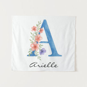Personalised Watercolor Floral Letter A monogram Tapestry