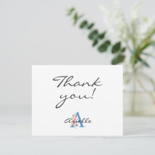 Personalised Watercolor Floral Letter A monogram Thank You Card