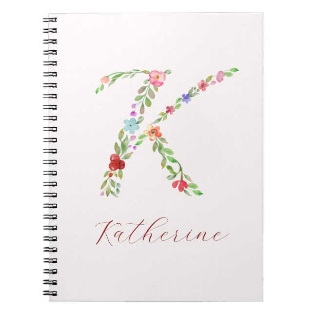 Personalised Watercolor Floral Monogram Letter K Notebook (Front)