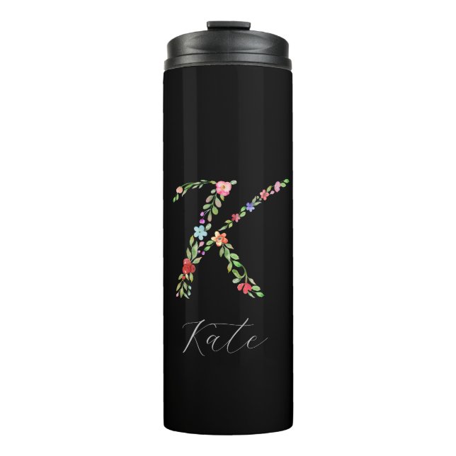 Personalised Watercolor Floral Monogram Letter K Thermal Tumbler (Front)