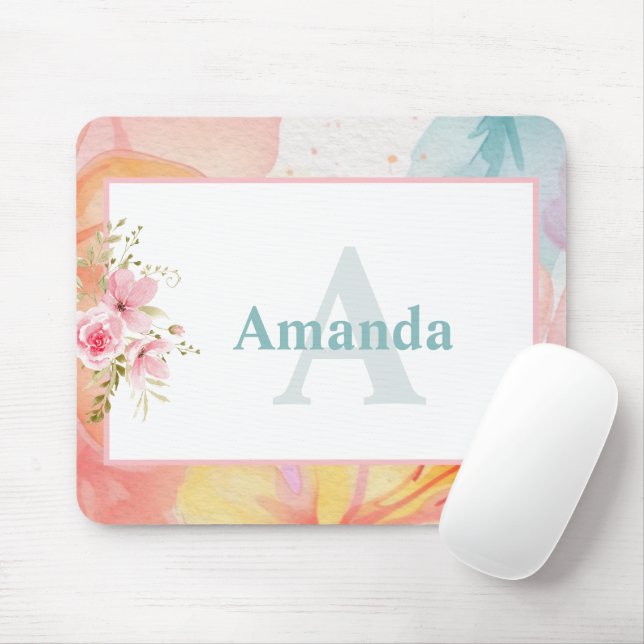 Personalised Watercolor Floral Name and Monogram Mouse Pad (With Mouse)