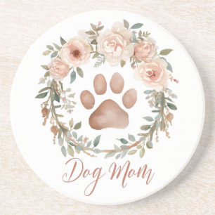 Personalised Watercolor Floral Paw Print Dog Mum Coaster