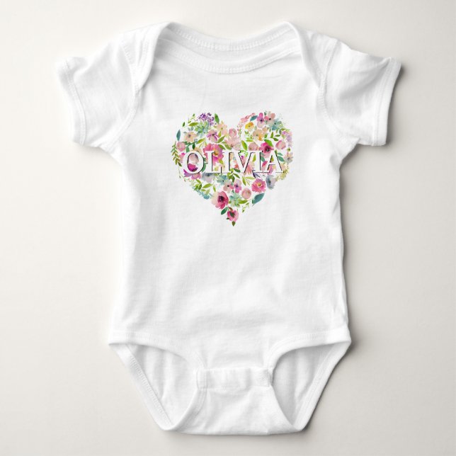 Personalised Watercolor Floral Pink Rose HEART Baby Bodysuit (Front)