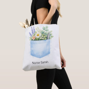 Personalised Watercolor Floral Scrubs Pocket Tote  Bag
